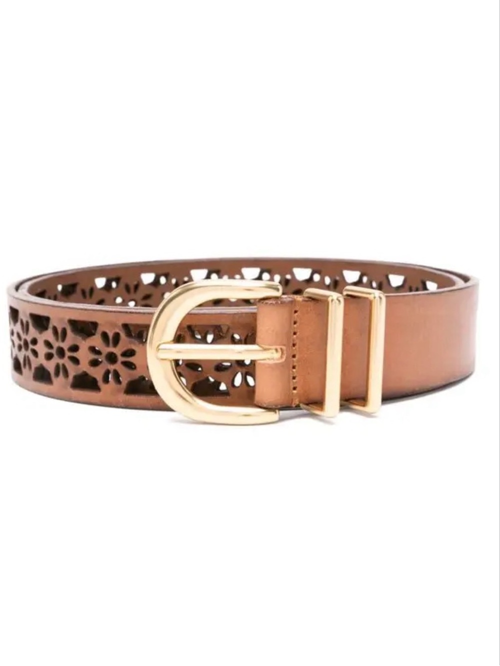 EUC Maje Brown Floral Cutout Leather Belt Gold Buckle Size 1